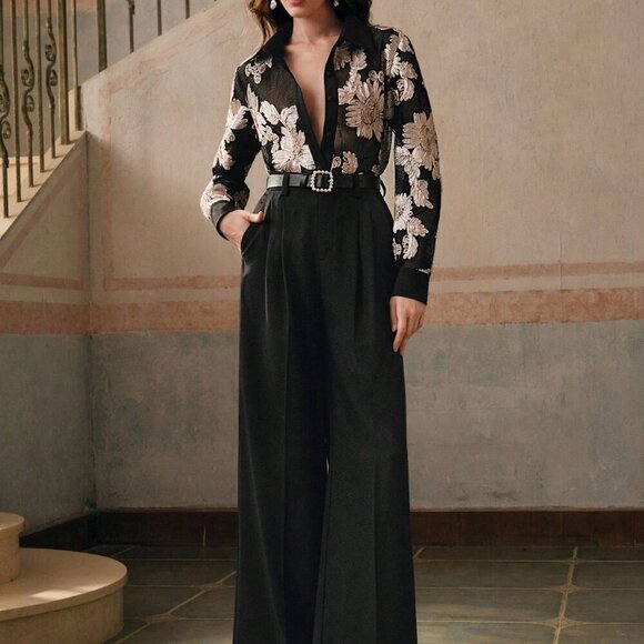 Black Women's Romantic Elegant Floral Embroidery Semi-Sheer Casual Blouse - Picture 5 of 8